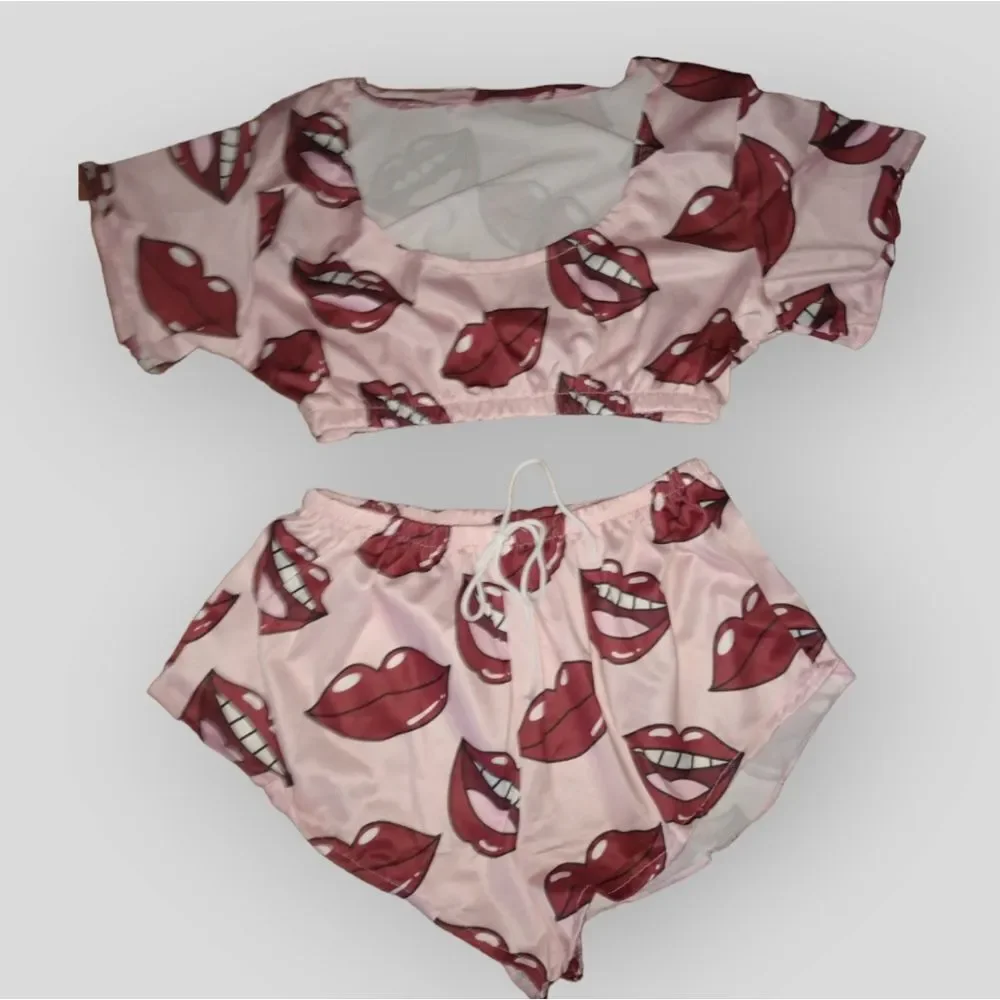 Pink Sexy Lip Print Pajamas - Picture 4 of 6